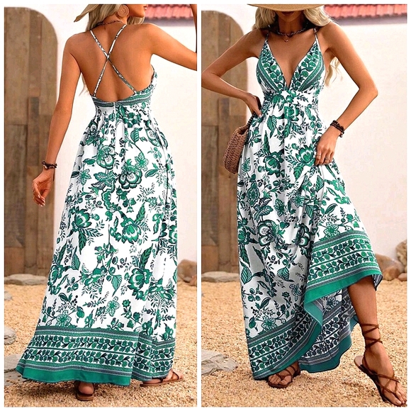 * New Flowy Boho Tribal Maxi Dress Halter White Green - Picture 6 of 8